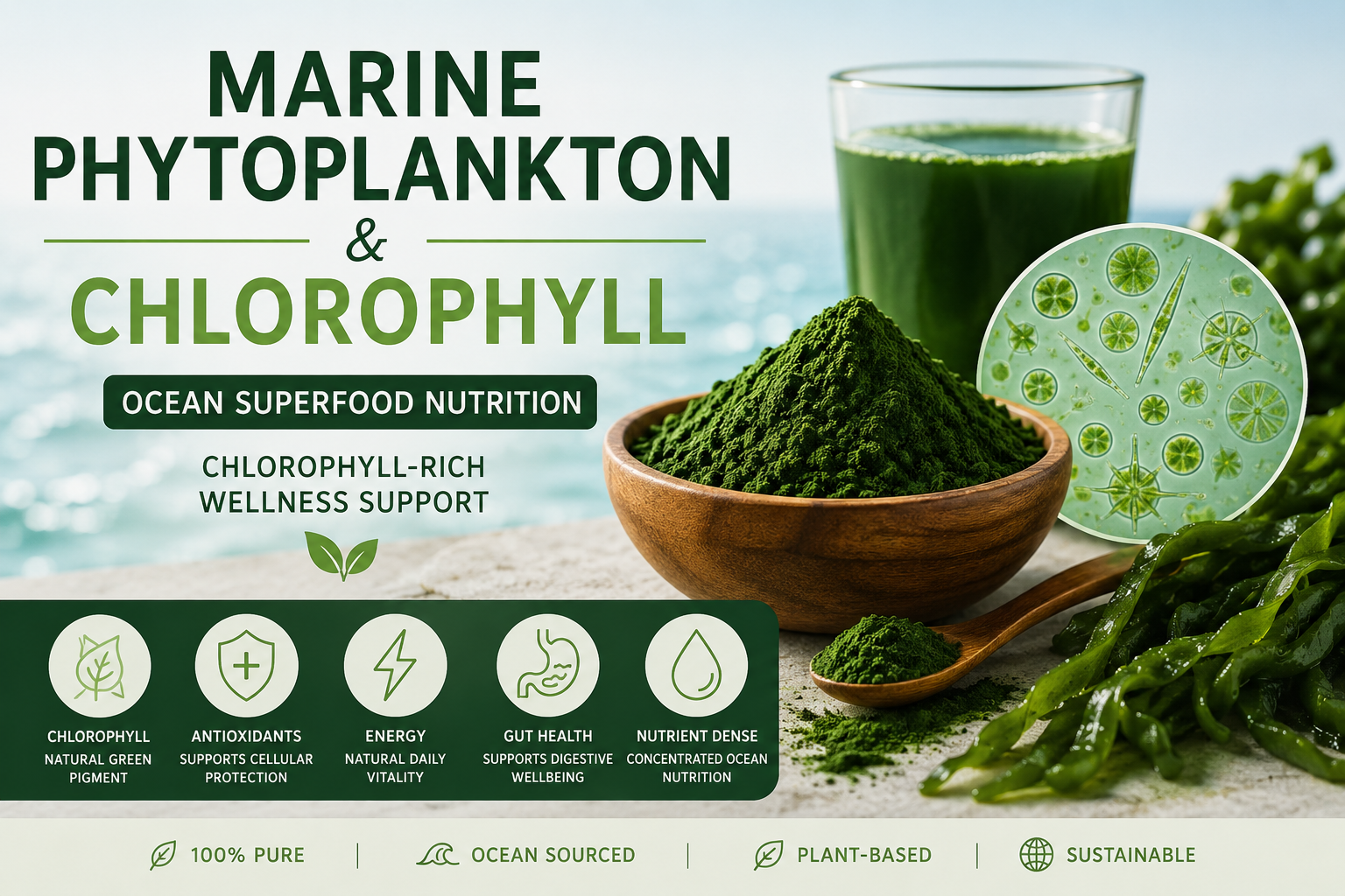Marine phytoplankton and chlorophyll educational image showing green ocean superfood powder, chlorophyll-rich nutrition, wellness support, and antioxidant benefits.