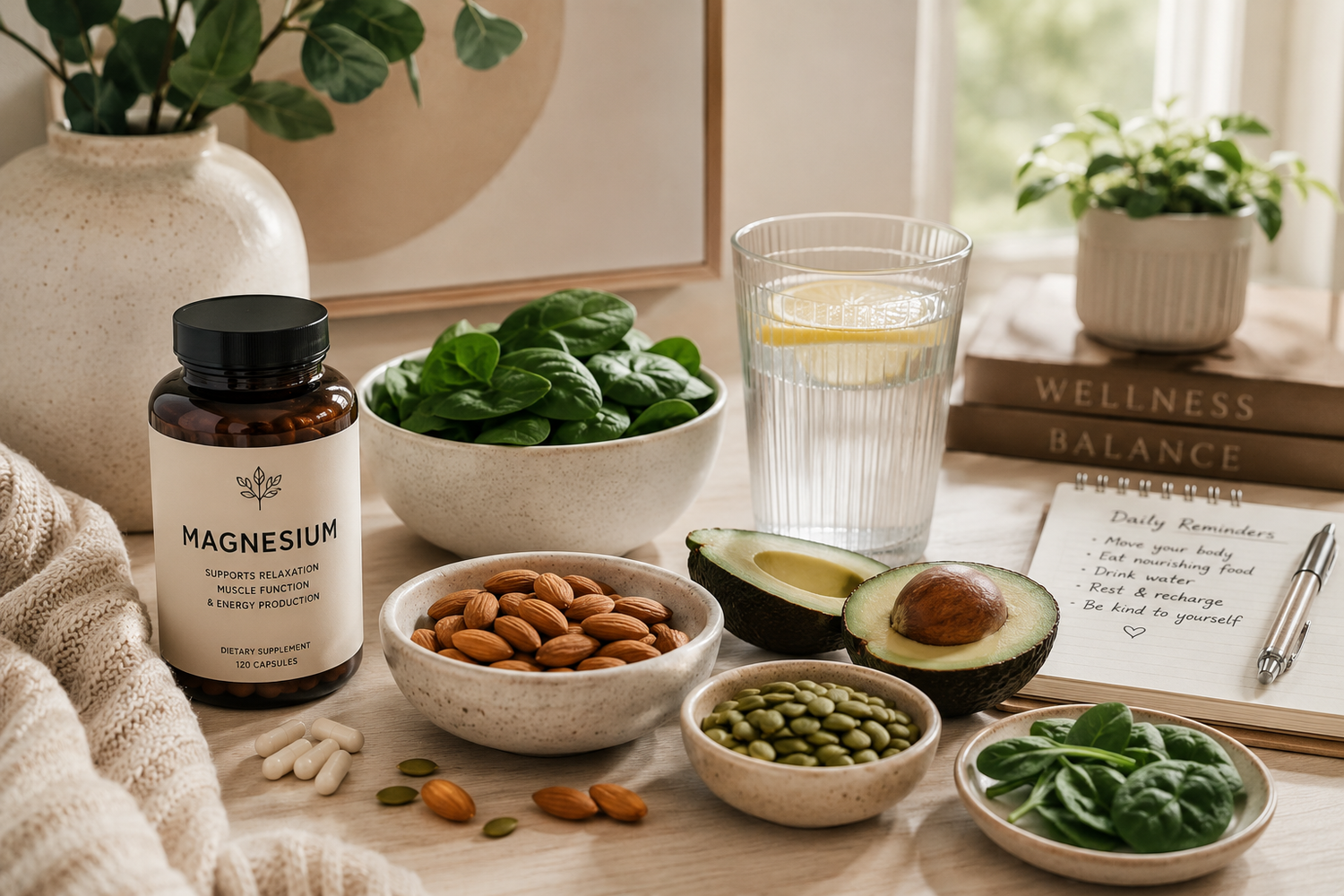 Magnesium-rich foods and women’s wellness supplements for daily energy relaxation and hormone support