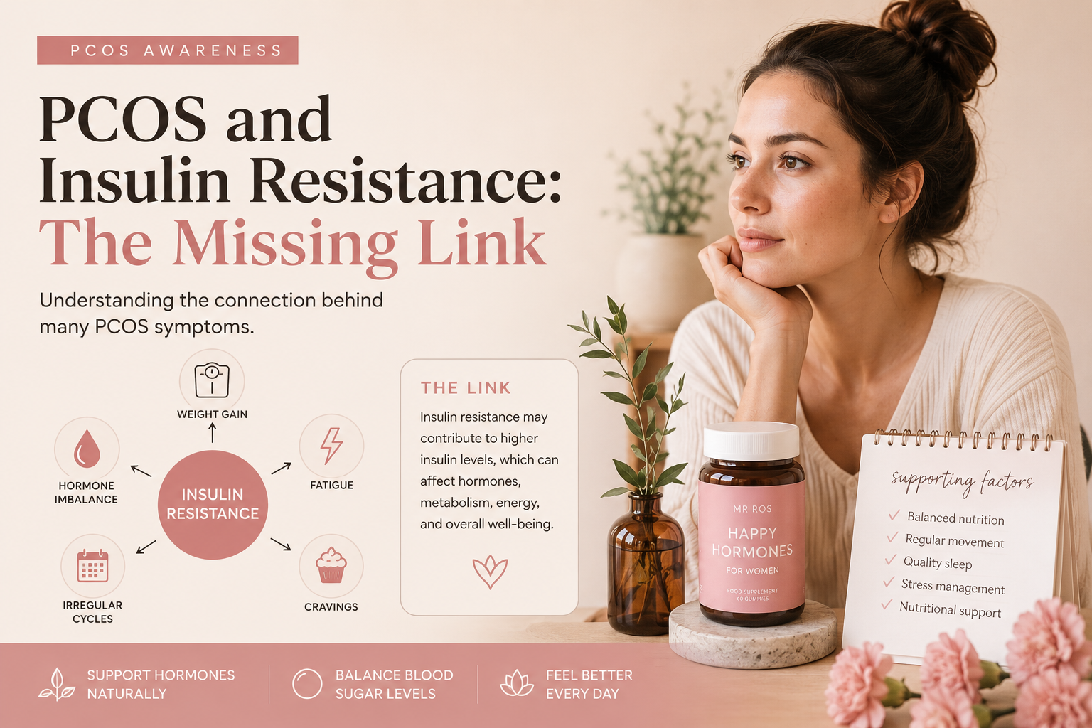 PCOS and insulin resistance infographic showing common symptoms like fatigue, cravings, hormone imbalance, and weight gain alongside women’s hormone wellness support and metabolic health concepts.