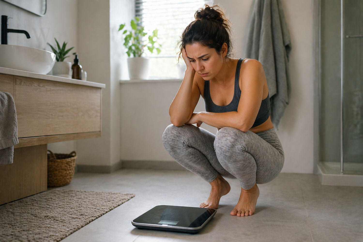 Woman standing near a scale thinking about weight changes, representing difficulty losing weight and hormone-related patterns