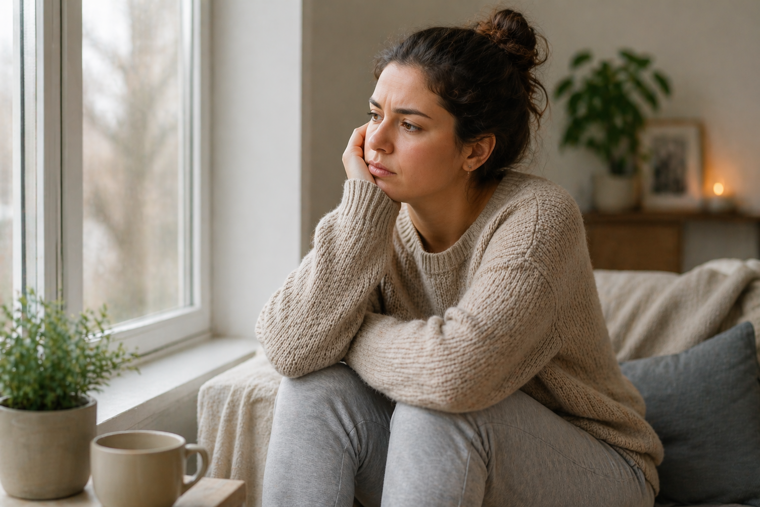 Woman sitting thoughtfully by a window, representing emotional changes, stress, and hormone-related mood swings