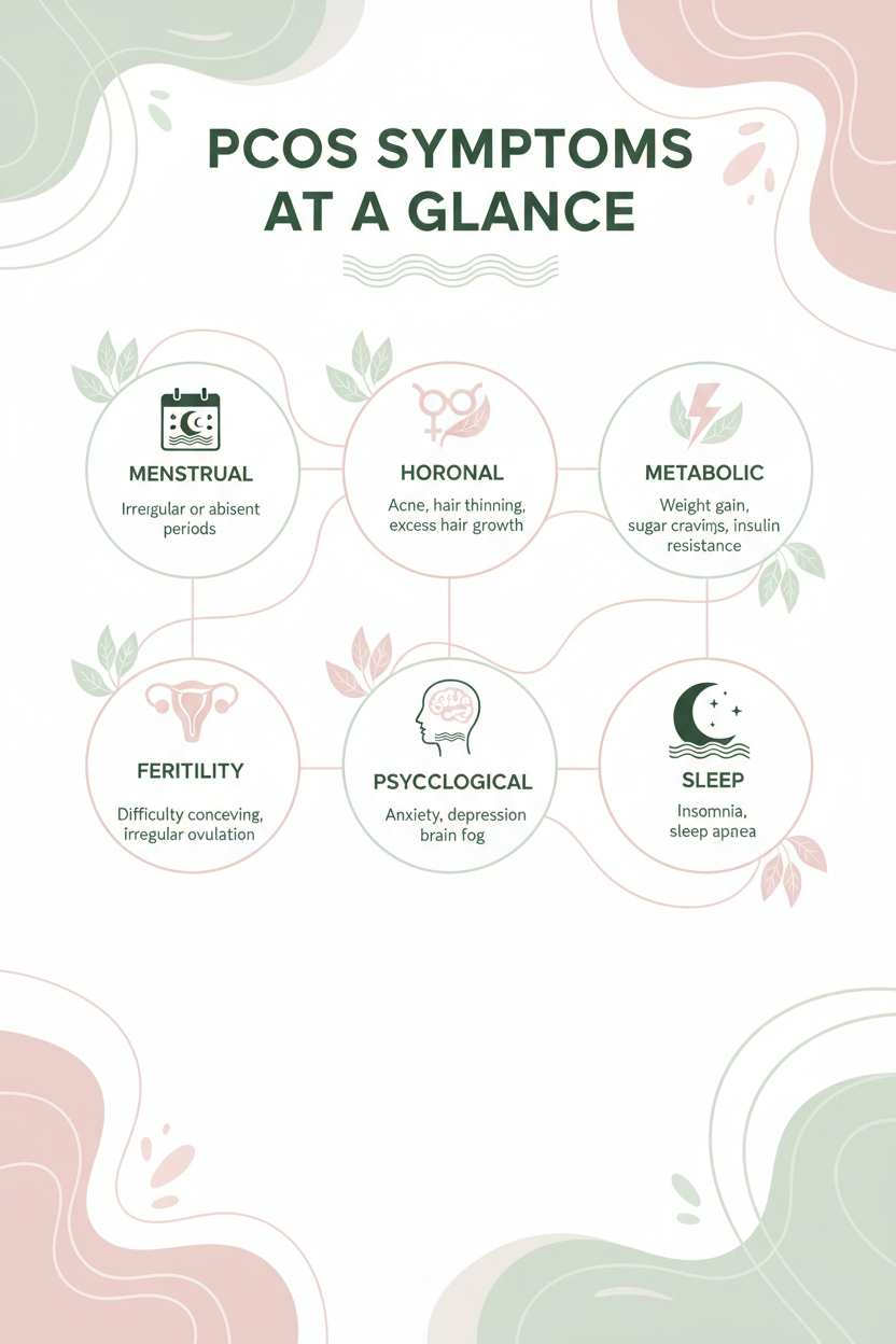 PCOS symptoms infographic showing menstrual, hormonal, metabolic, fertility, psychological and sleep symptoms