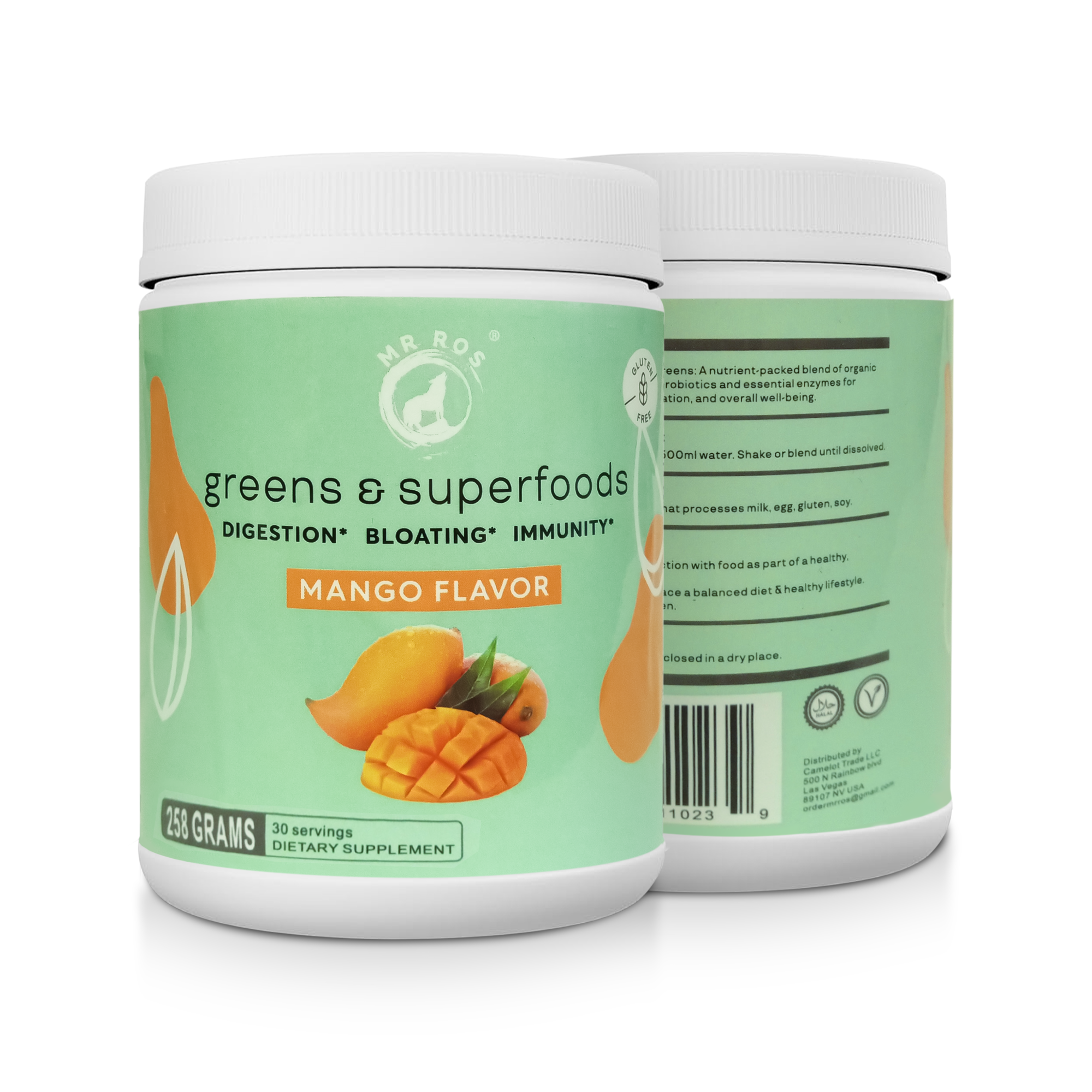 Greens & Superfoods Powder - Superfood Green Powder with 30+ Nutrition and Digestive Enzymes - Mango Flavour Drink Supplement for Gut Health, Bloating Relief - 258 gram Scoop 10 gram