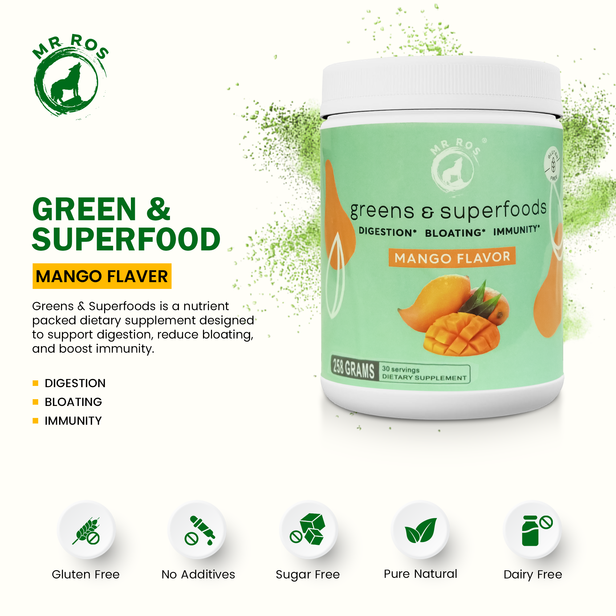 Greens & Superfoods Powder - Superfood Green Powder with 30+ Nutrition and Digestive Enzymes - Mango Flavour Drink Supplement for Gut Health, Bloating Relief - 258 gram Scoop 10 gram