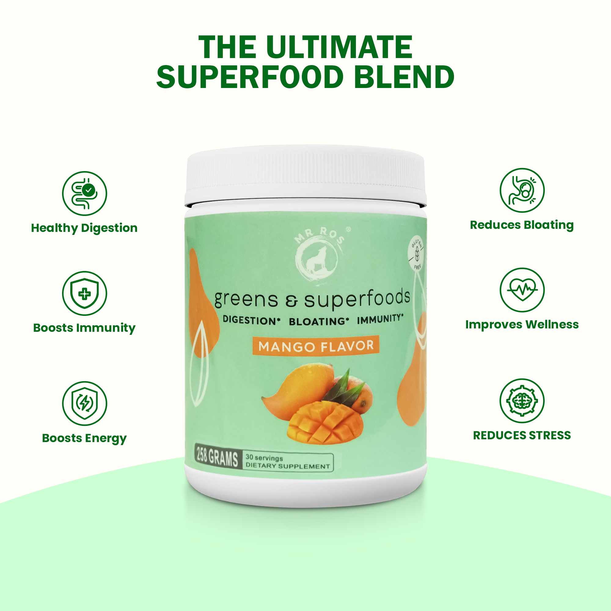 Greens & Superfoods Powder - Superfood Green Powder with 30+ Nutrition and Digestive Enzymes - Mango Flavour Drink Supplement for Gut Health, Bloating Relief - 258 gram Scoop 10 gram