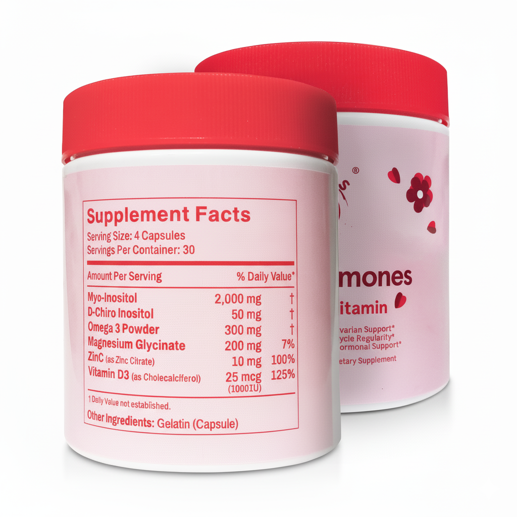 PCOS Multivitamin Supplement Facts Label - Myo-Inositol Omega-3 Vitamin D3 Ingredients