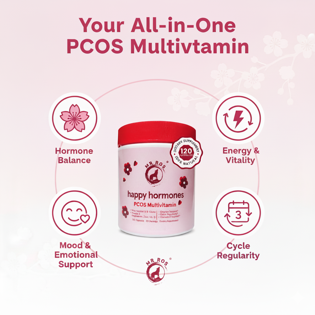 All-in-one PCOS multivitamin supplement benefits - hormone balance energy vitality mood support cycle regularity Mr Ros Happy Hormones 120 capsules