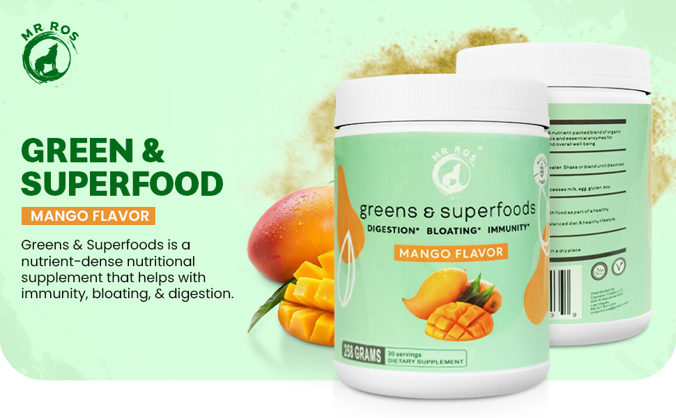 Ingredient list of Mr Ros Greens & Superfoods Powder showing 30+ nutrition and digestive enzymes for gut health and bloating relie