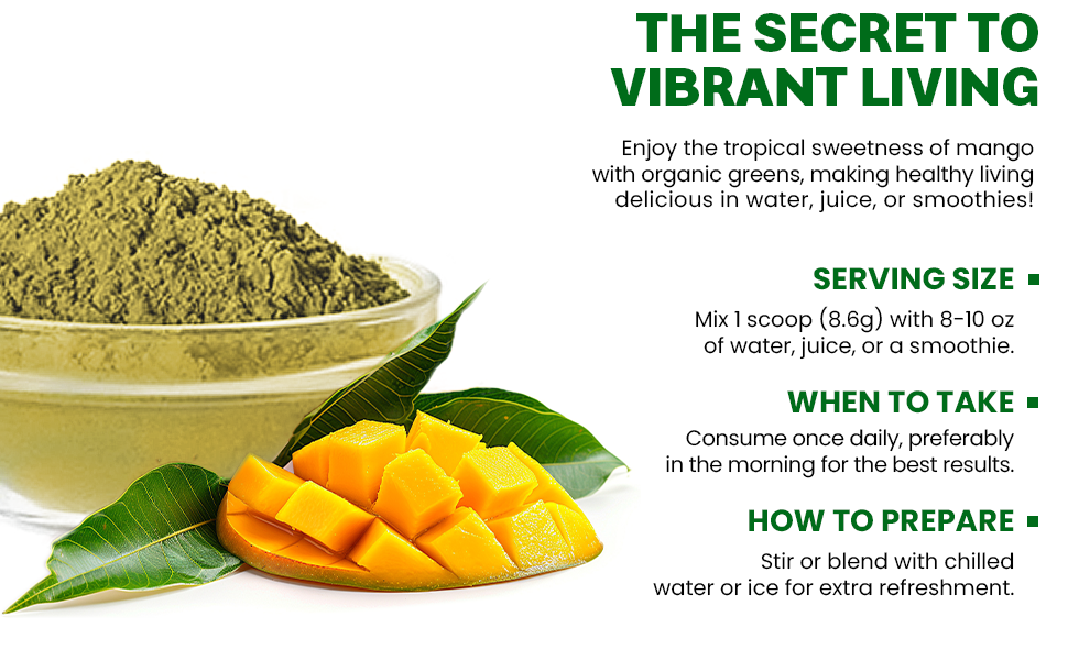Greens & Superfoods Powder - Superfood Green Powder with 30+ Nutrition and Digestive Enzymes - Mango Flavour Drink Supplement for Gut Health, Bloating Relief - 258 gram Scoop 10 gram