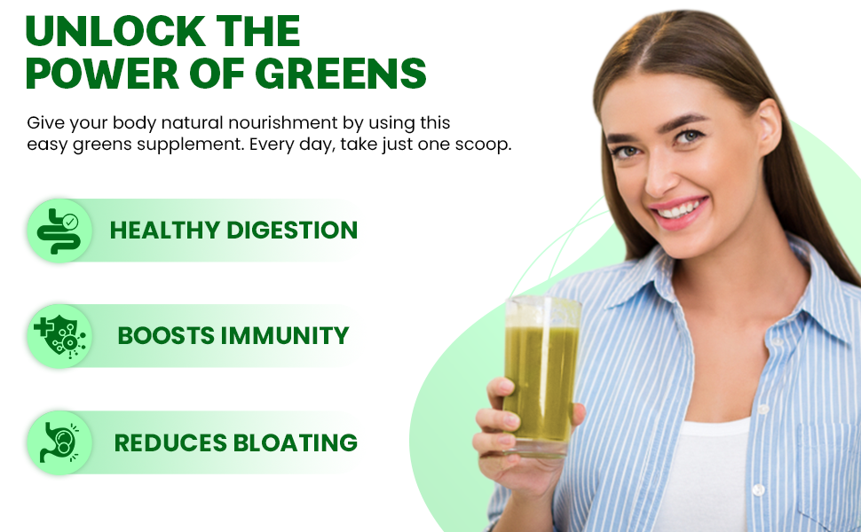 Greens & Superfoods Powder - Superfood Green Powder with 30+ Nutrition and Digestive Enzymes - Mango Flavour Drink Supplement for Gut Health, Bloating Relief - 258 gram Scoop 10 gram