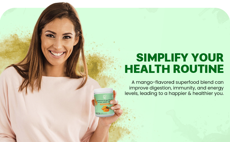 Greens & Superfoods Powder - Superfood Green Powder with 30+ Nutrition and Digestive Enzymes - Mango Flavour Drink Supplement for Gut Health, Bloating Relief - 258 gram Scoop 10 gram