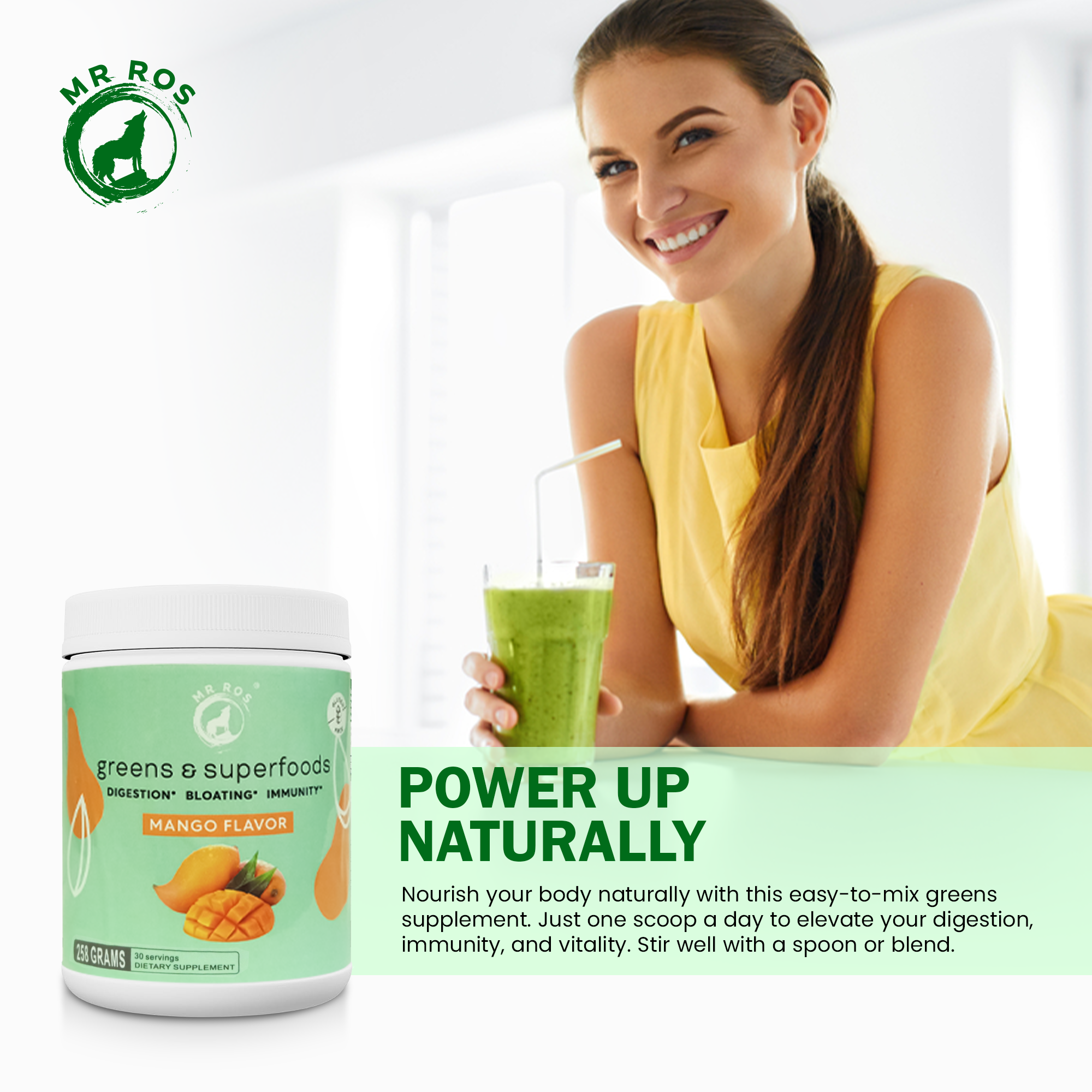 Mr Ros Marine Phytoplankton Greens & Superfoods Powder in mango flavor - 258g container with digestive enzymes for gut health