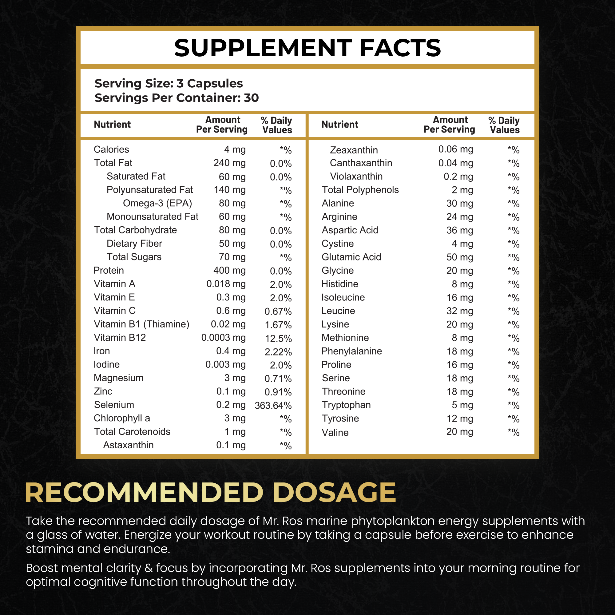 Marine Phytoplankton Supplement Facts Label - 90 Vegan Capsules Nutrition Information