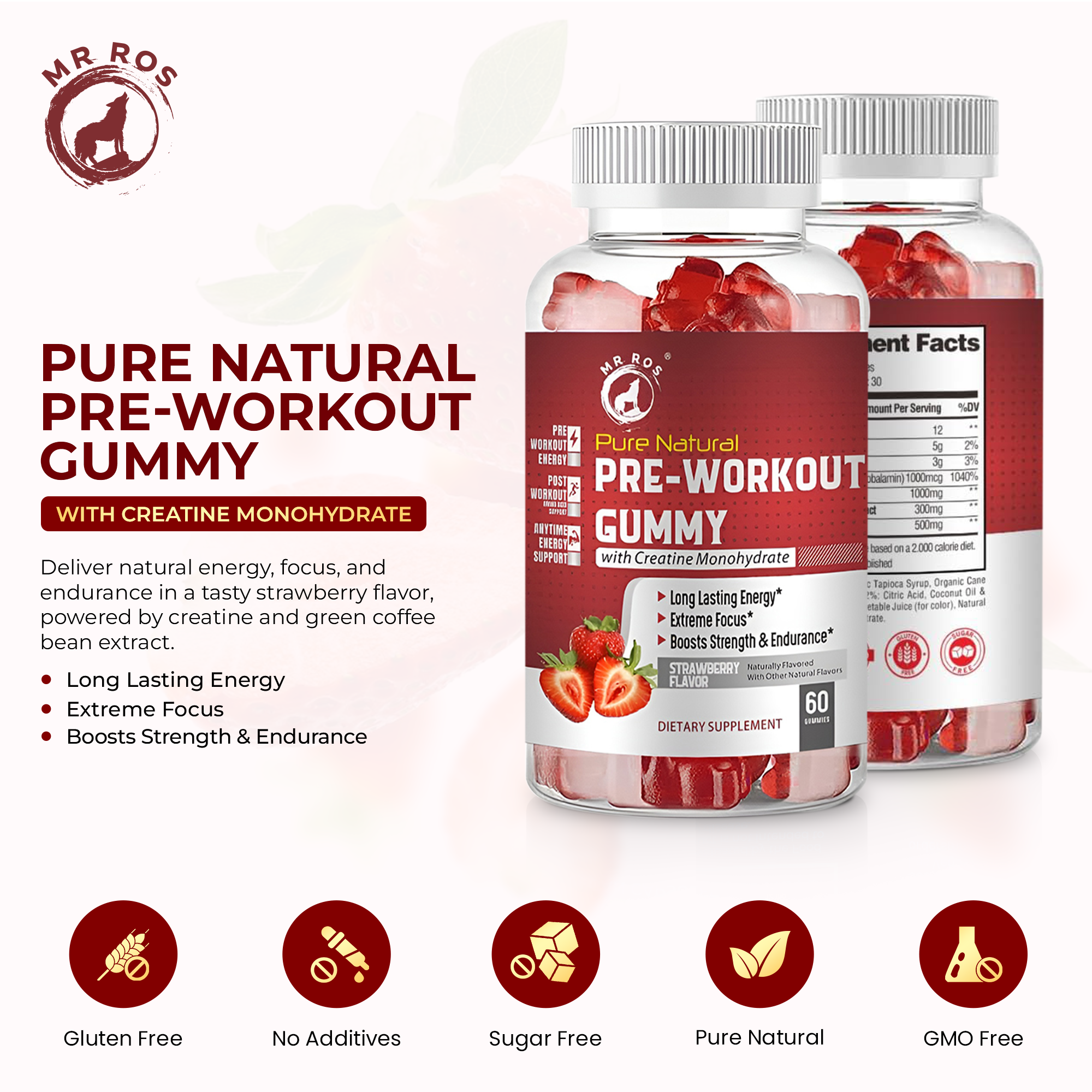 MR ROS Pre-Workout Gummies with Creatine Monohydrate & Green Coffee Bean Extract - 60 Gummies