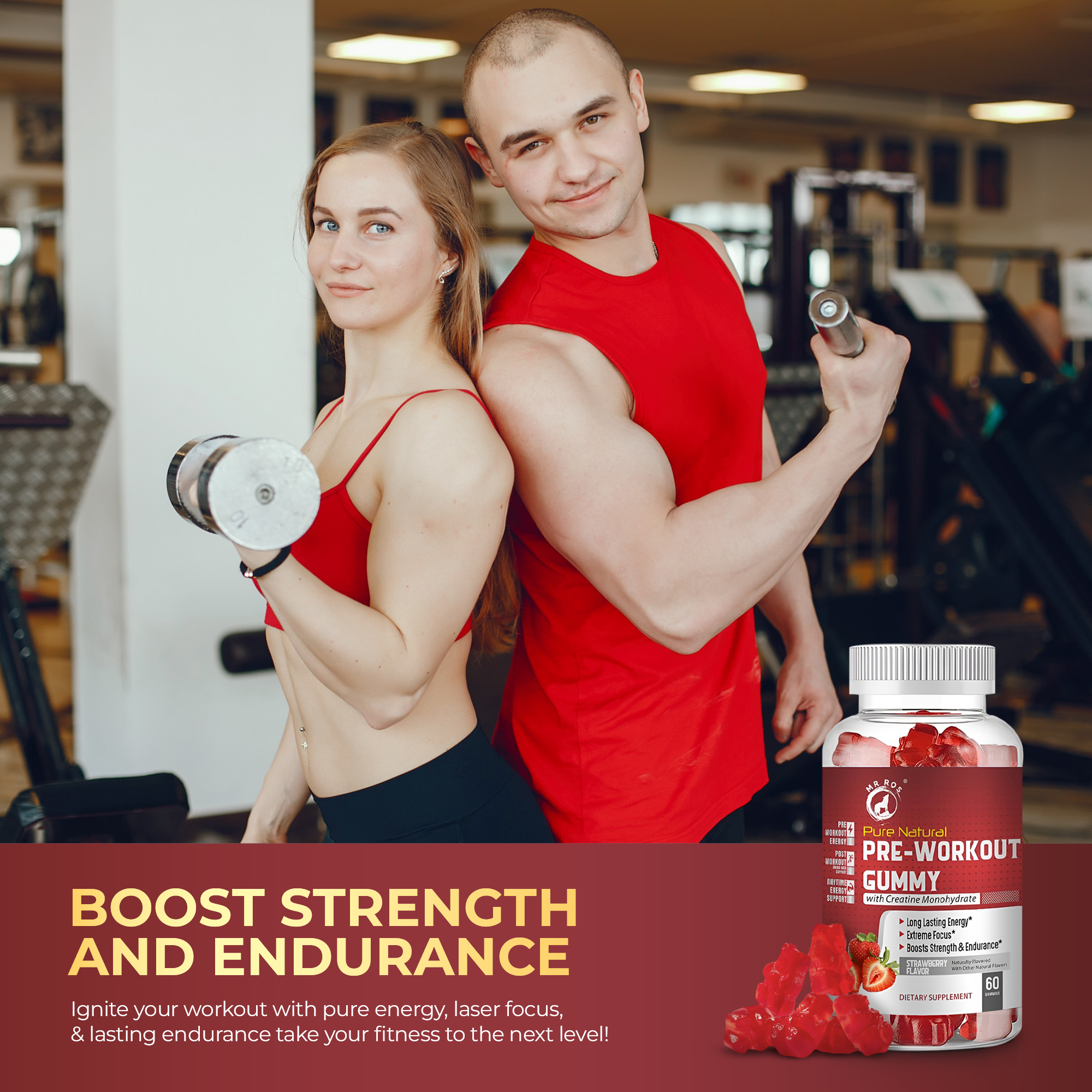 MR ROS Pre-Workout Gummies with Creatine Monohydrate & Green Coffee Bean Extract - 60 Gummies