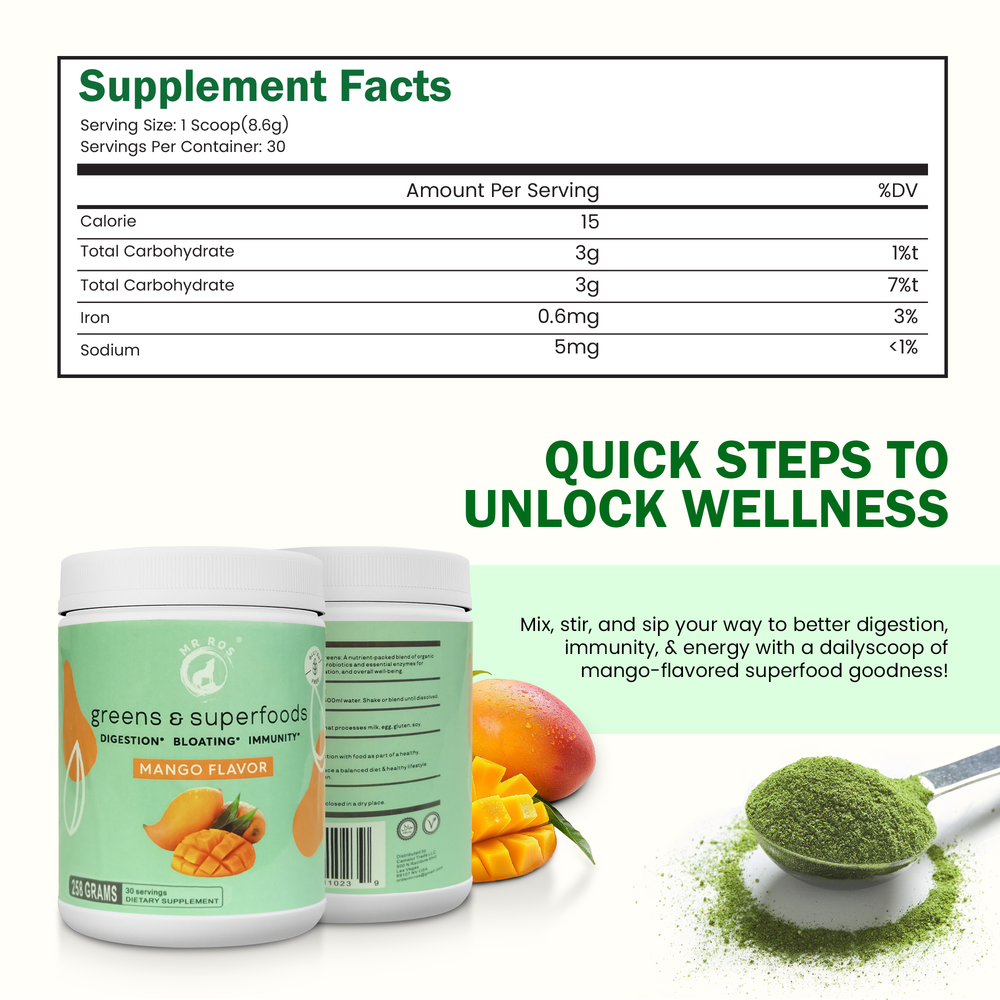 10g scoop of mango flavored green superfood powder showing texture and vibrant color of marine phytoplankton blend
