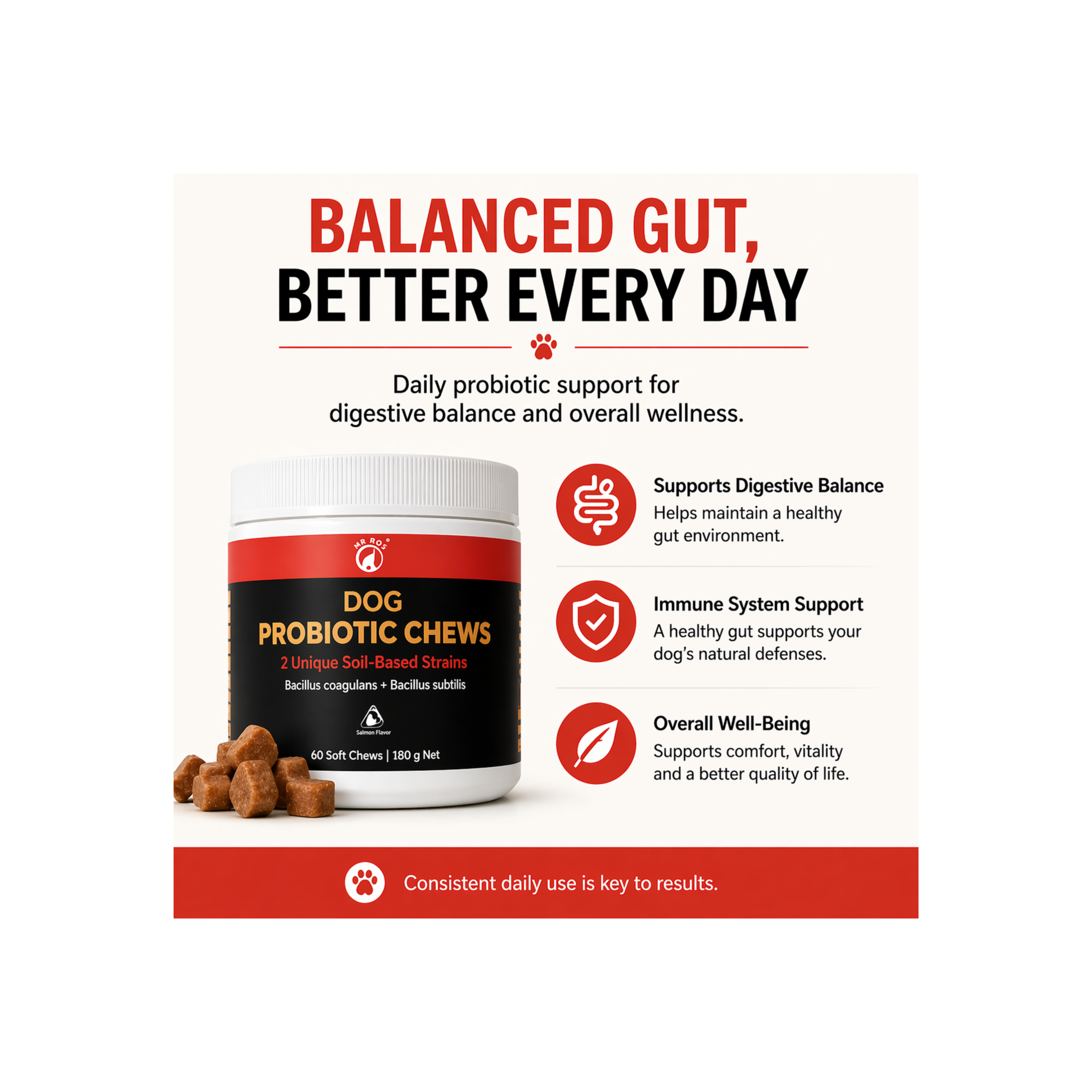 Dog Probiotic Chews – Gut Health & Digestion Support – 2 Soil-Based Strains – Bacillus Coagulans & Subtilis – Natural Salmon Flavor – 60 Soft Chews