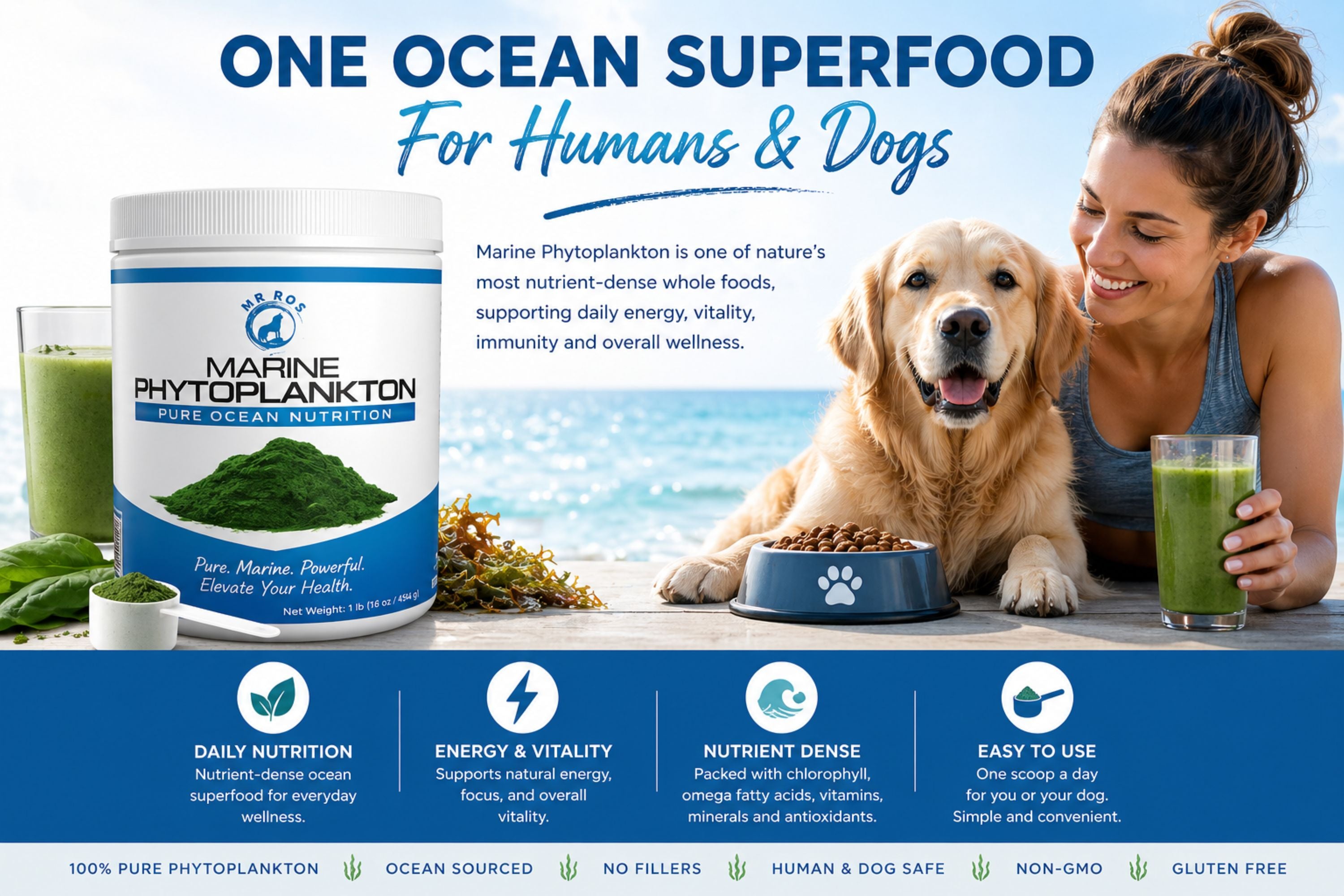 Marine phytoplankton ocean superfood for humans and dogs daily nutrition