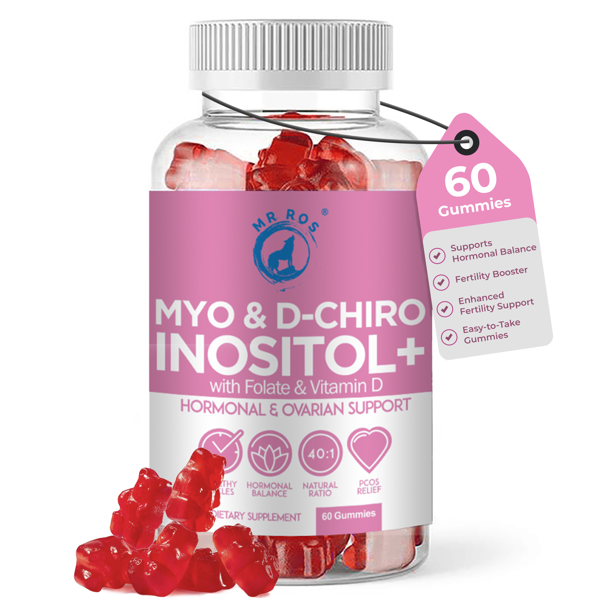 Myo D-Chiro Inositol Gummies Bottle - PCOS Support Supplement with Folate Vitamin D