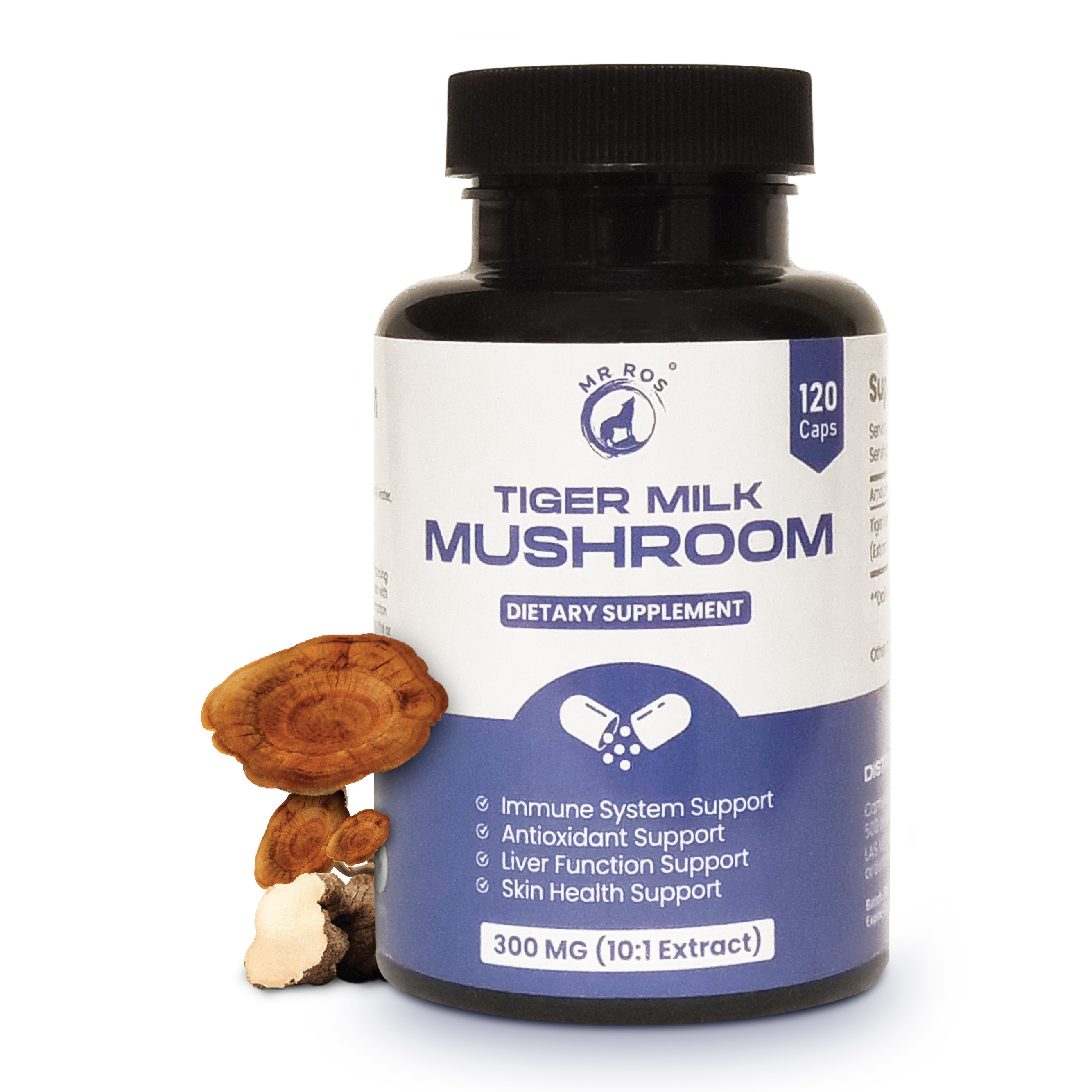 Tiger Milk Mushroom 300mg supplement bottle, 120 gluten-free and non-GMO capsules