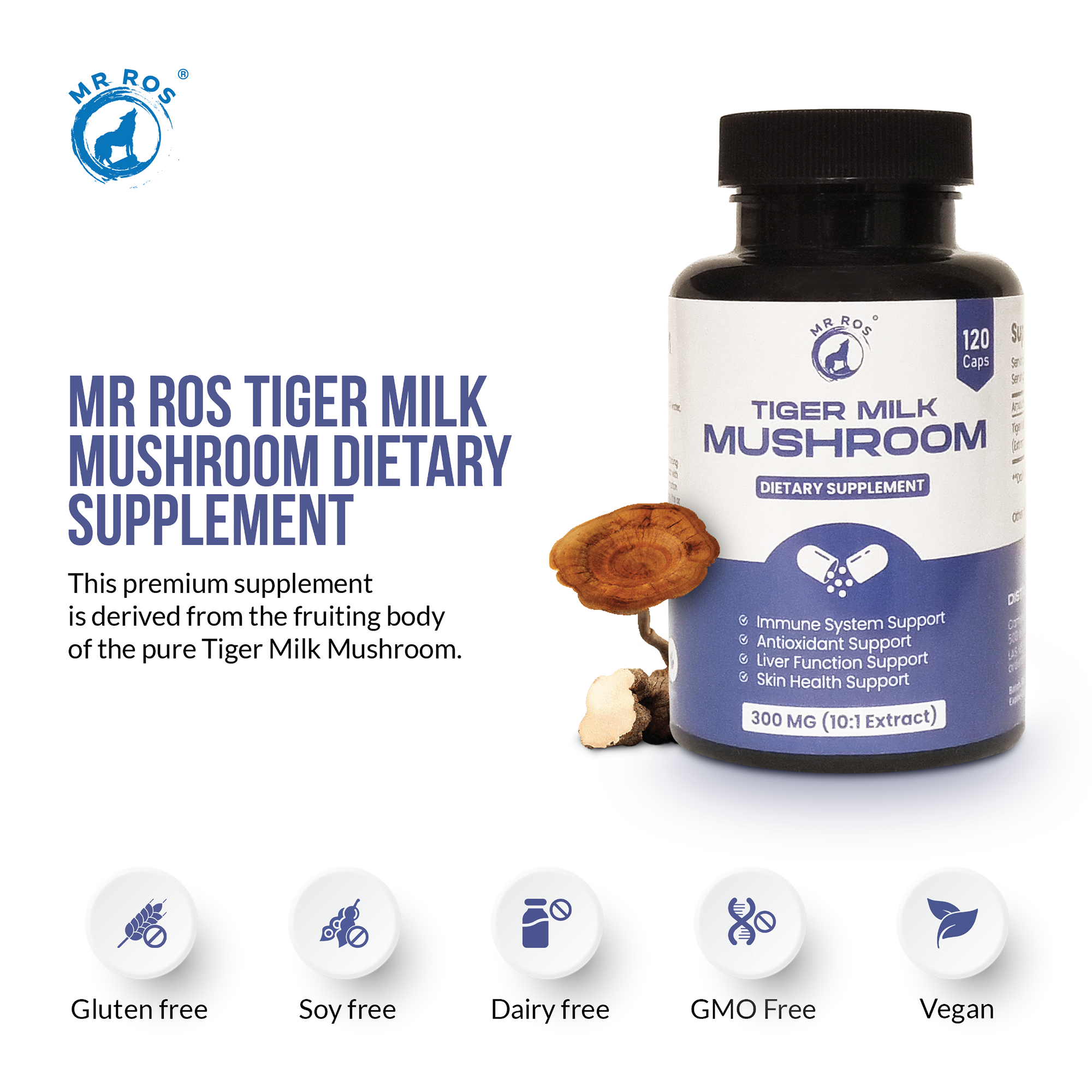Tiger Milk Mushroom vegetarian capsules showing size and colo