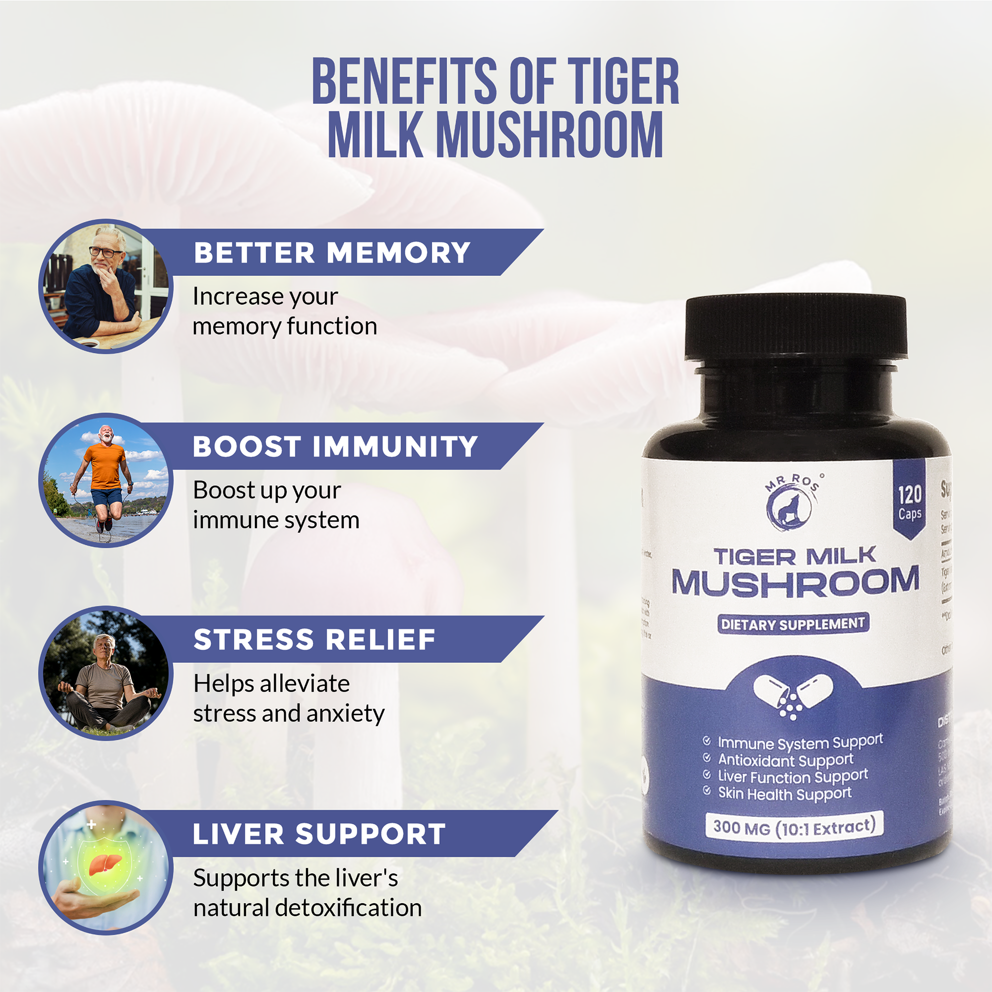 Tiger Milk Mushroom supplement packaging box showing product information and benefit