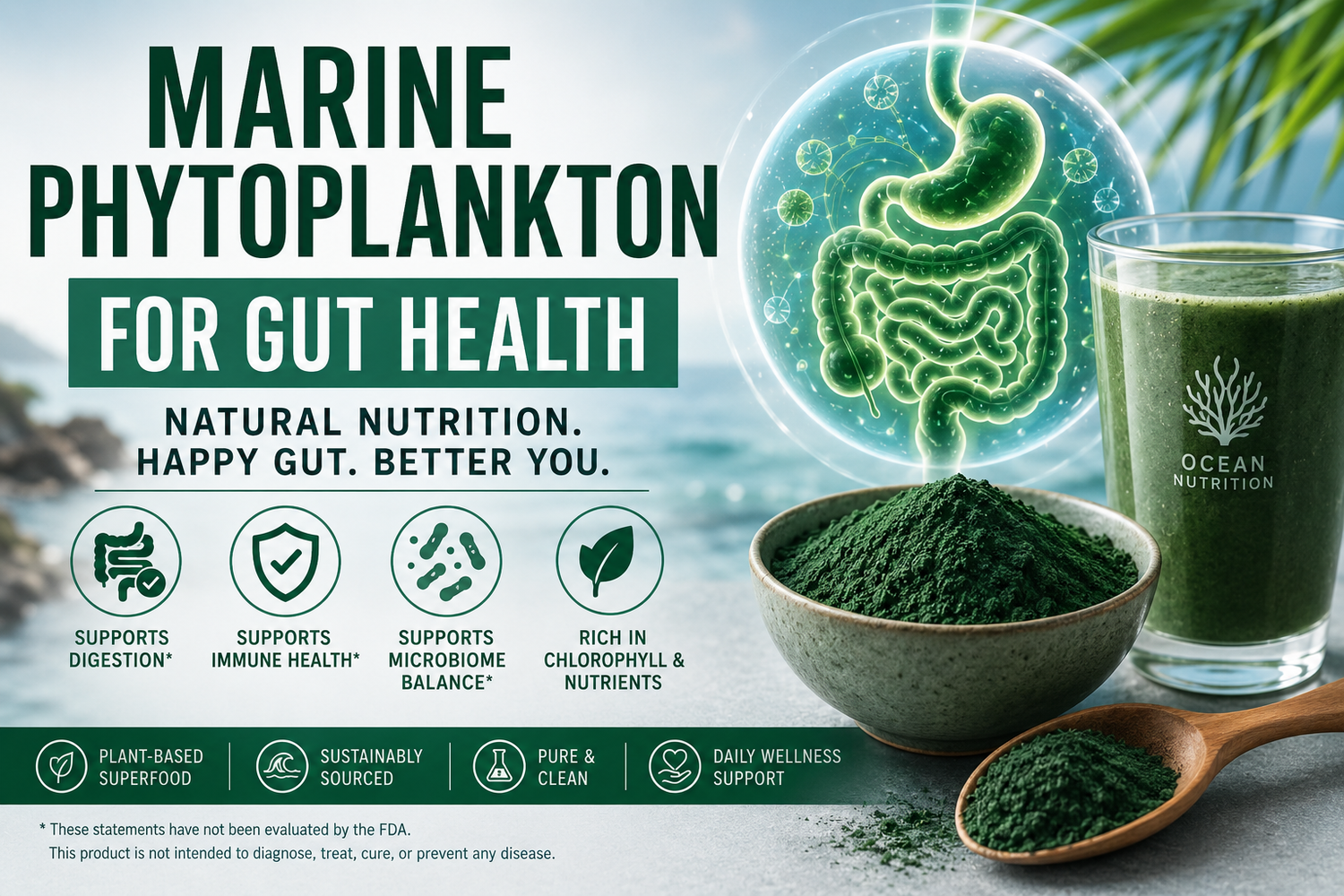 Marine phytoplankton for gut health educational image showing green ocean superfood powder, digestive wellness support, microbiome balance, and chlorophyll-rich nutrition.