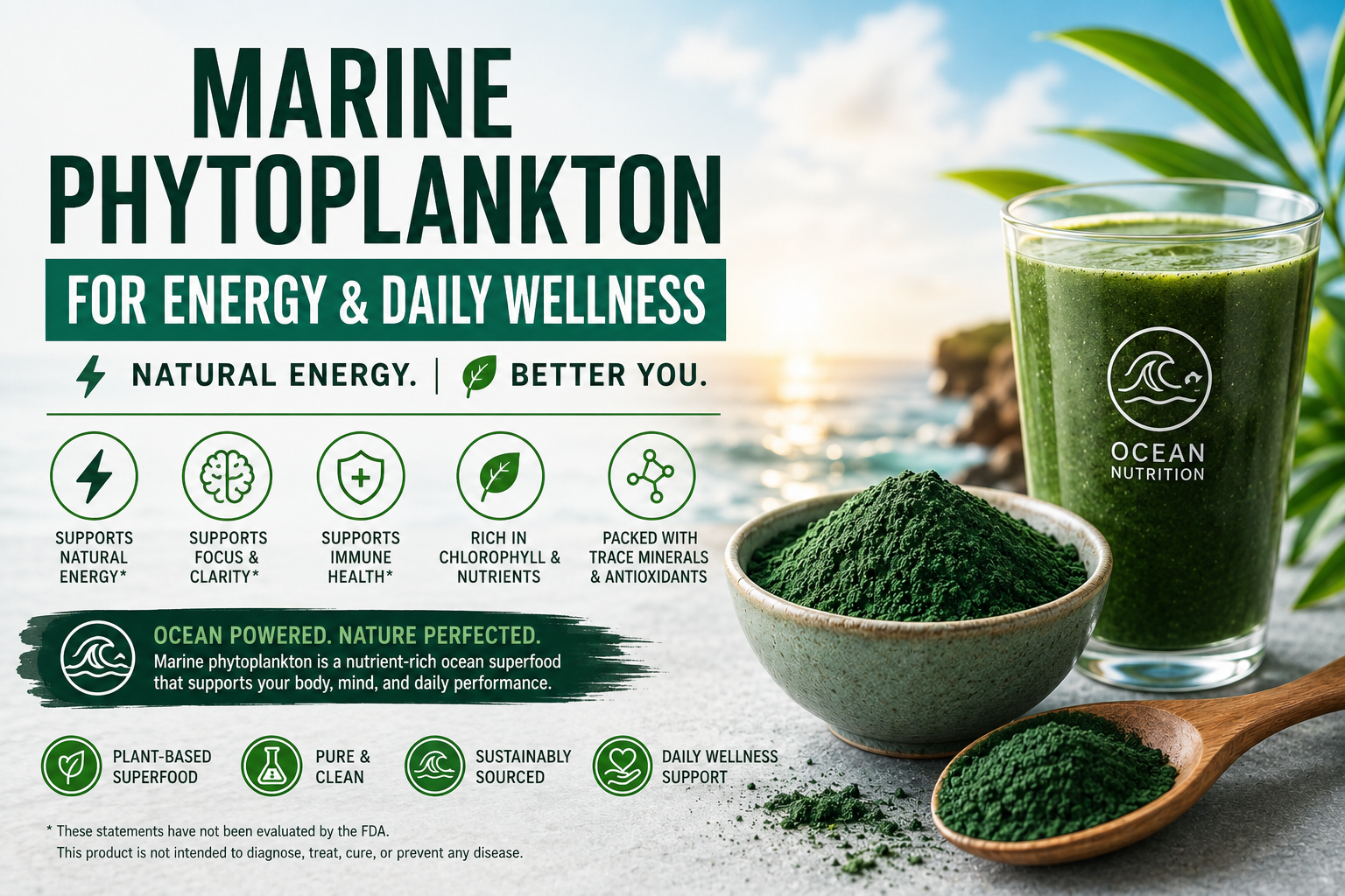 Marine phytoplankton for energy educational image showing green ocean superfood powder, natural wellness support, chlorophyll-rich nutrition, and daily vitality benefits.