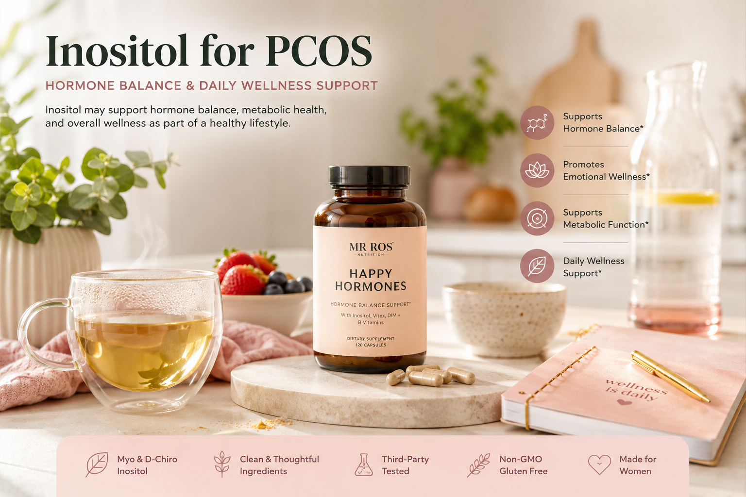 Women’s wellness routine with inositol support for hormone balance and PCOS wellness