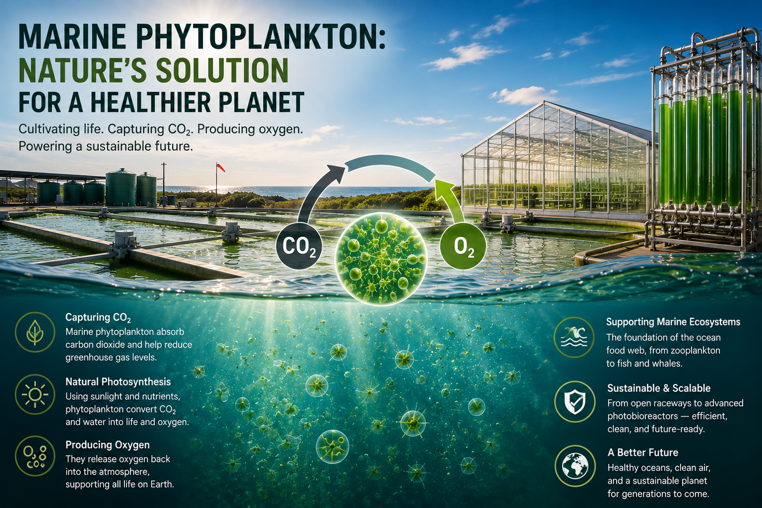 Marine phytoplankton cultivation educational image showing open raceways, greenhouse algae systems, photobioreactors, CO2 absorption, oxygen production, and marine microalgae science. 