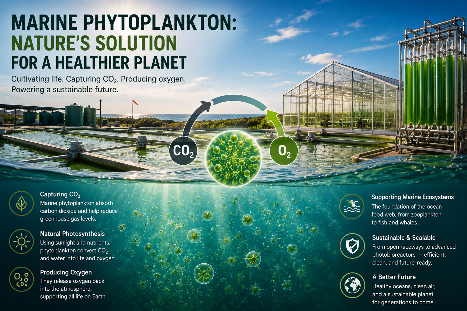 Marine phytoplankton cultivation educational image showing open raceways, greenhouse algae systems, photobioreactors, CO2 absorption, oxygen production, and marine microalgae science. 