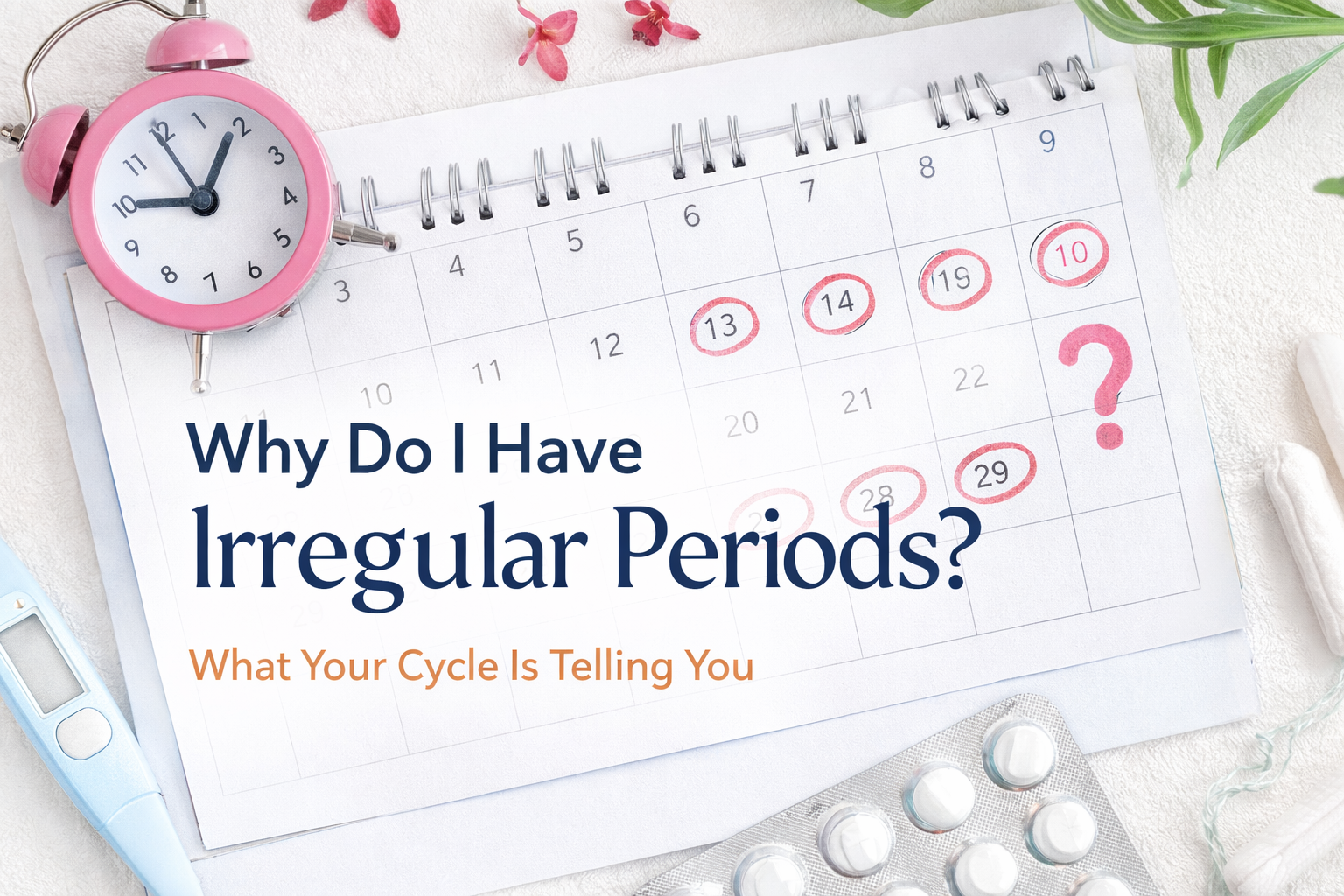 Calendar with marked dates showing irregular menstrual cycle, representing unpredictable periods and cycle changes