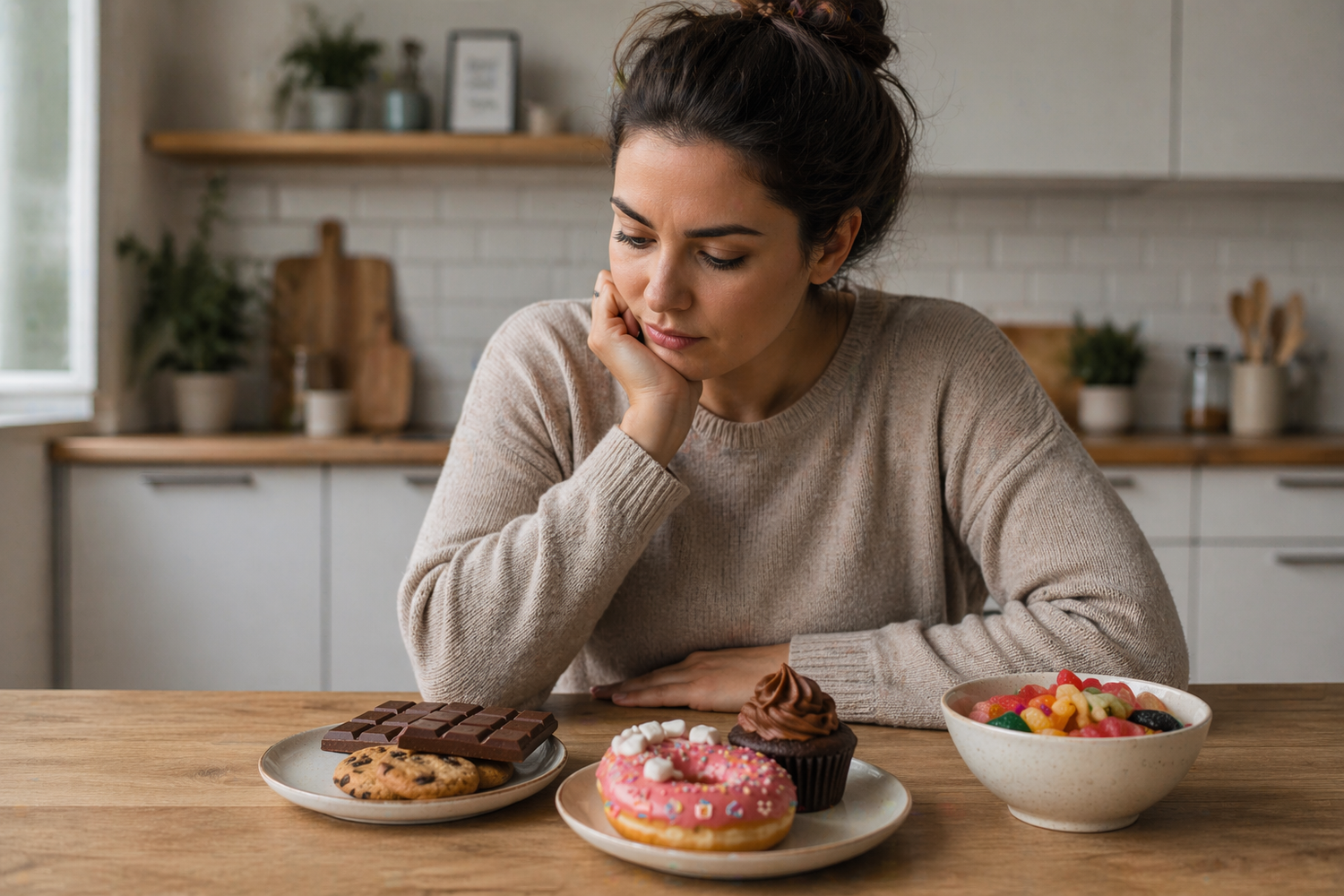 Woman sitting at a kitchen table looking at sweets, representing sugar cravings, hormones, stress, and energy patterns