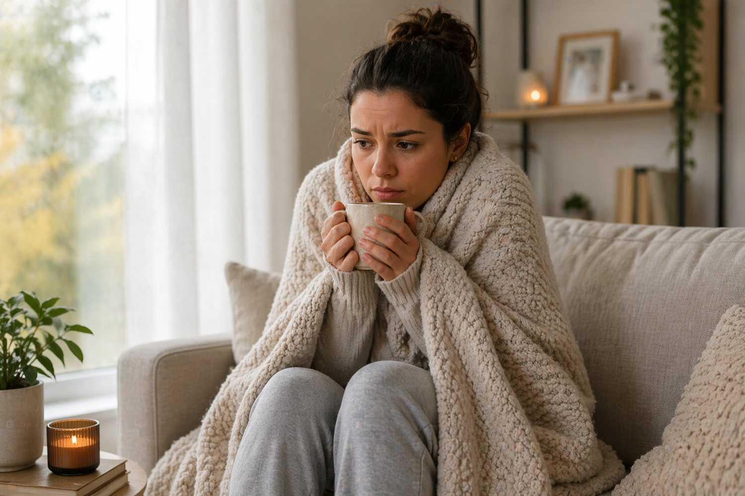 Woman wrapped in a blanket holding warm tea indoors, representing feeling cold, low energy, and hormone-related body patterns