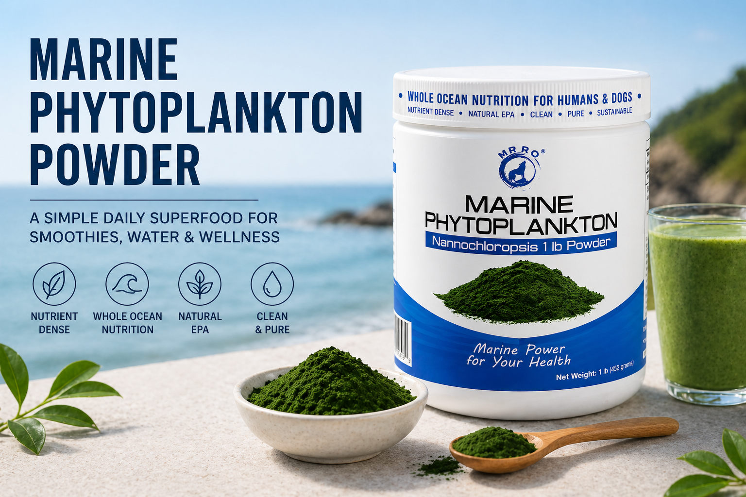 Marine Phytoplankton Powder 1 lb jar with green powder and smoothie drink for daily wellness, ocean nutrition, and superfood support.