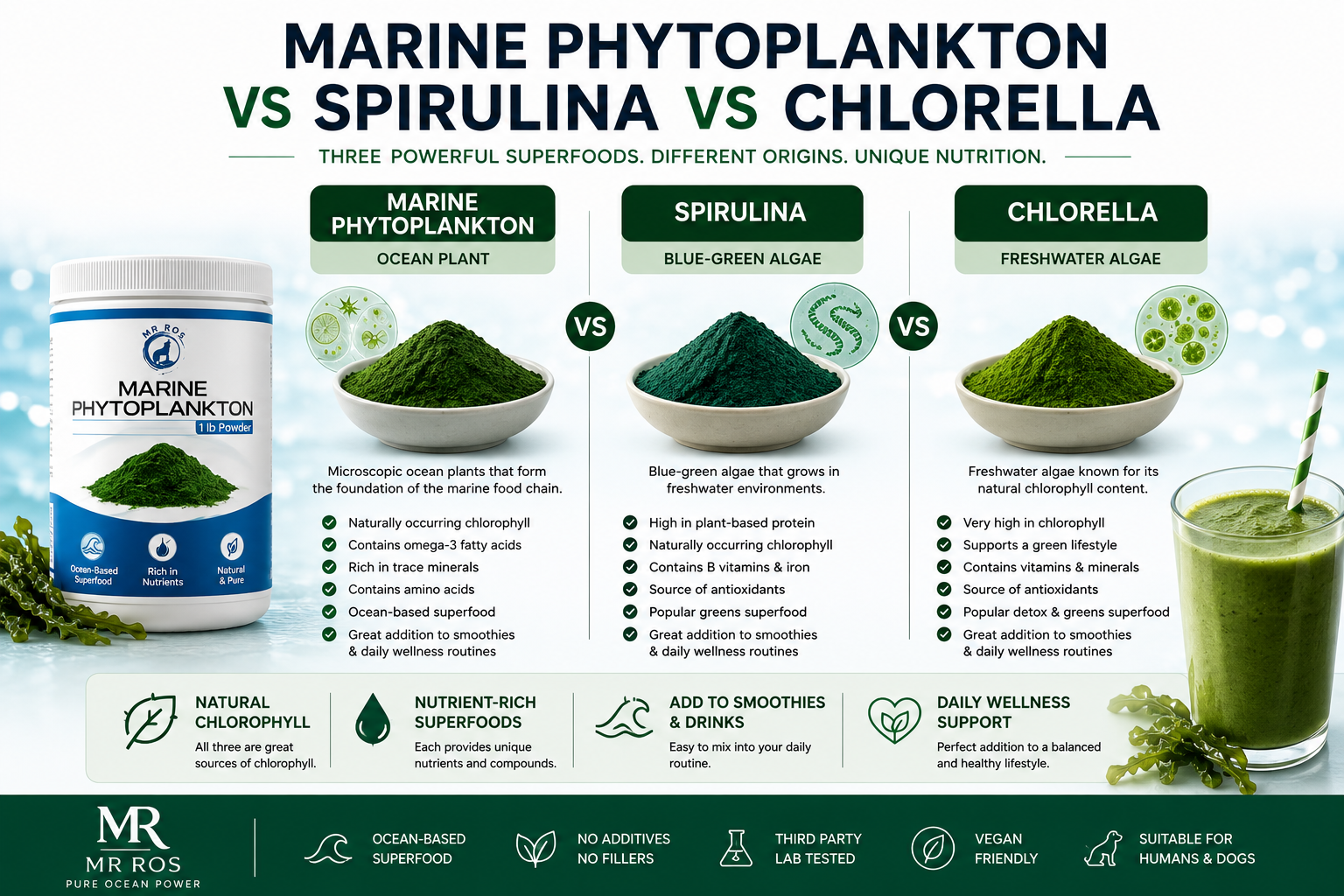 Marine phytoplankton vs spirulina vs chlorella comparison infographic by MR ROS