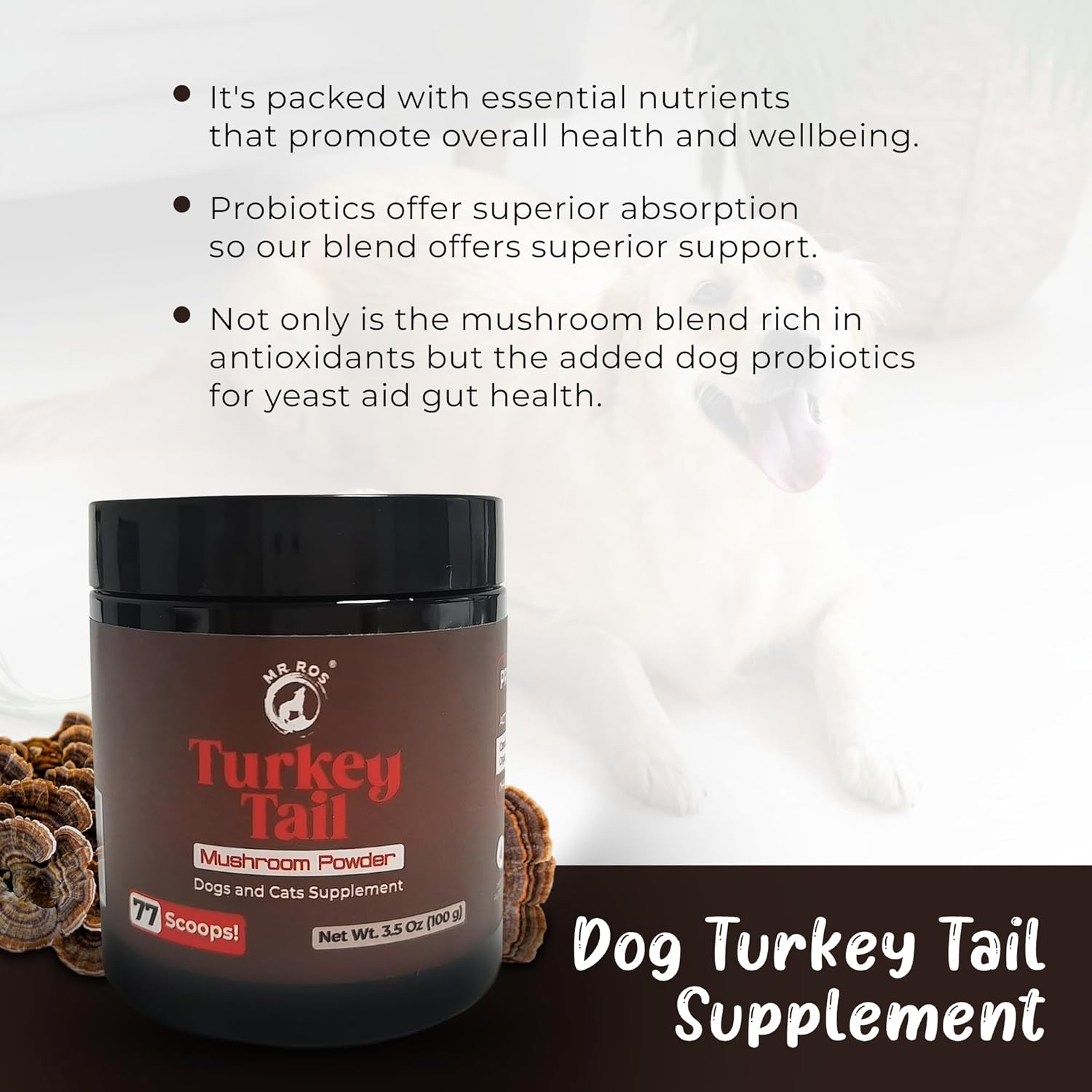 Natural Turkey Tail Mushroom Powder for Pets Health - 3.5 oz (77 Scoops)