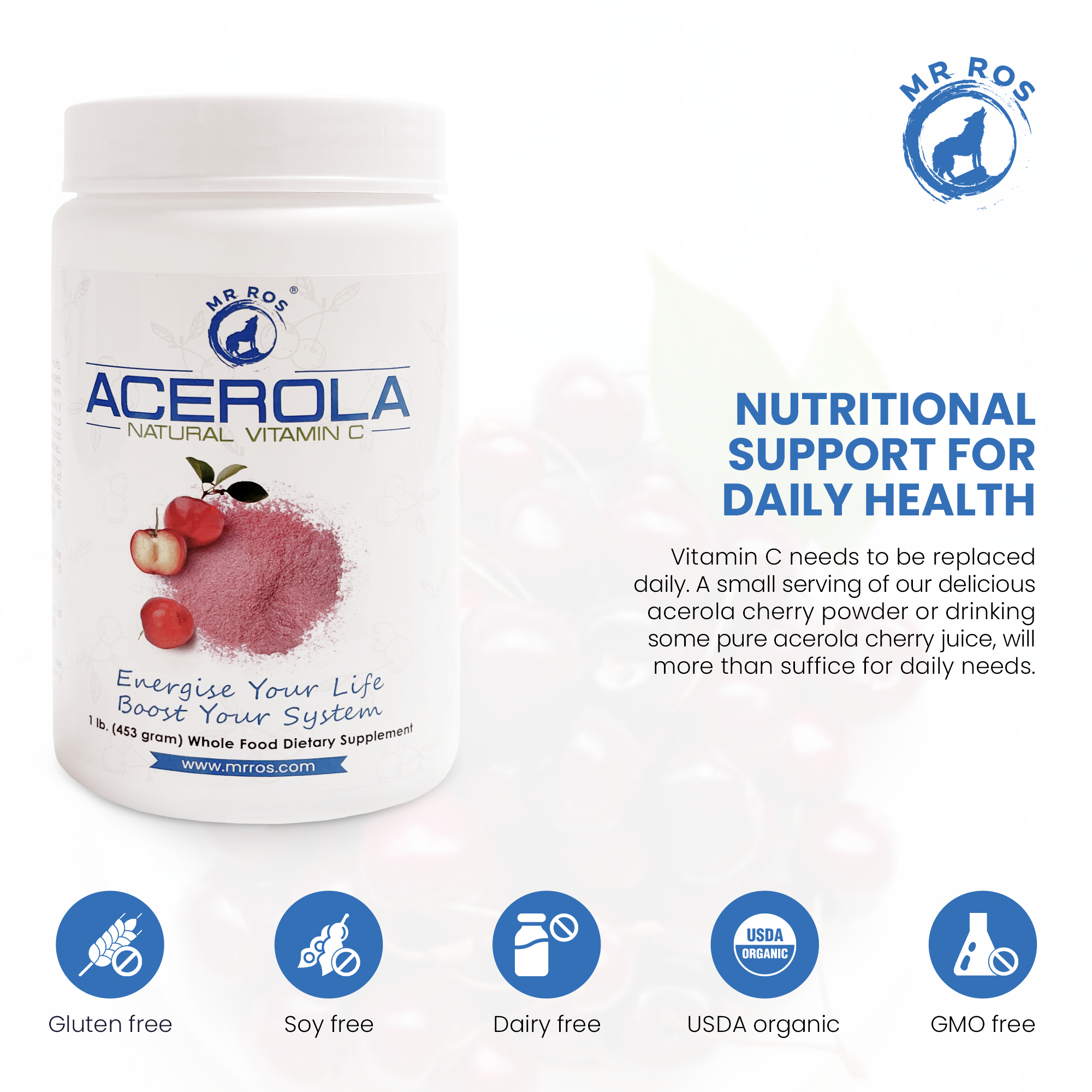 MR ROS Acerola Powder – 100% Natural Vitamin C (Sourced from Brazil) – 1 lb