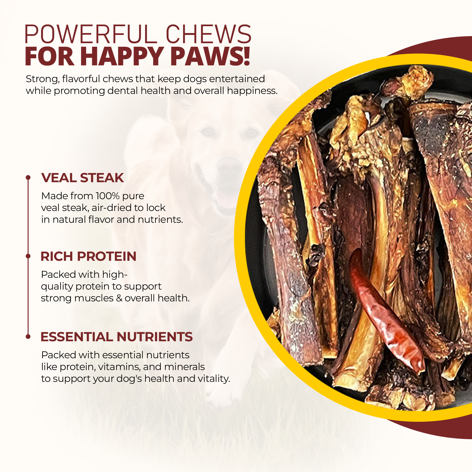 Air Dried Veal Steak Chews - Premium Dog Chews for Aggressive Chewers - Natural and Long Lasting Dog Treats for Dental Health - Healthy Treats for Power Chewer - (3.5 Oz, 4-5 Pieces)