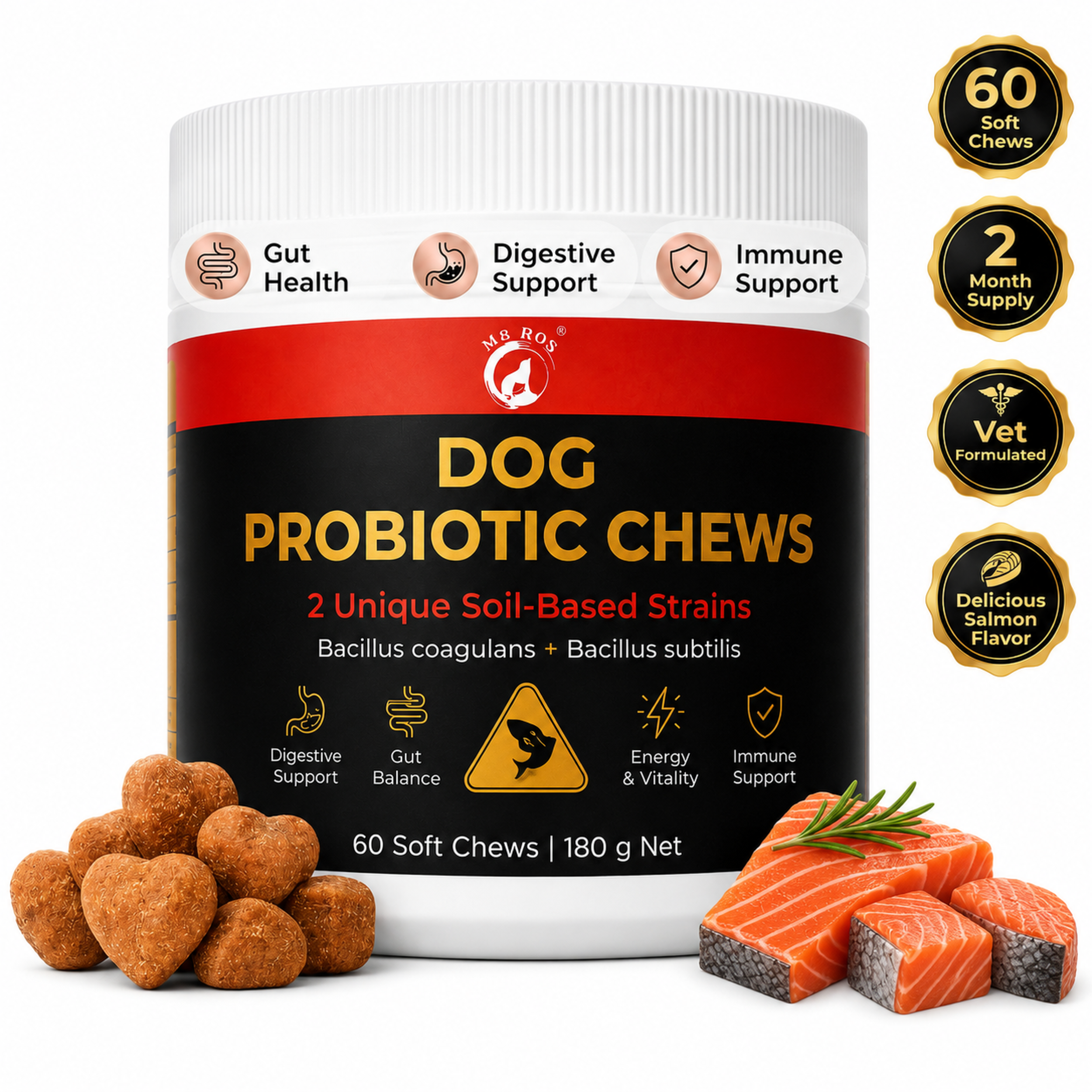Dog Probiotic Chews – Gut Health & Digestion Support – 2 Soil-Based Strains – Bacillus Coagulans & Subtilis – Natural Salmon Flavor – 60 Soft Chews