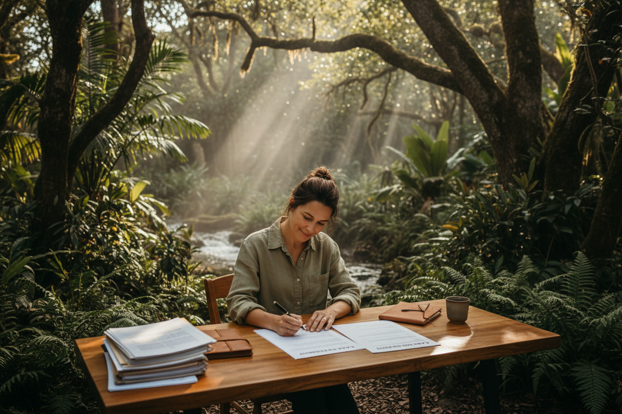 an image with a person filling otu their financil cash flow and balance sheet relaxed and nature surrounding