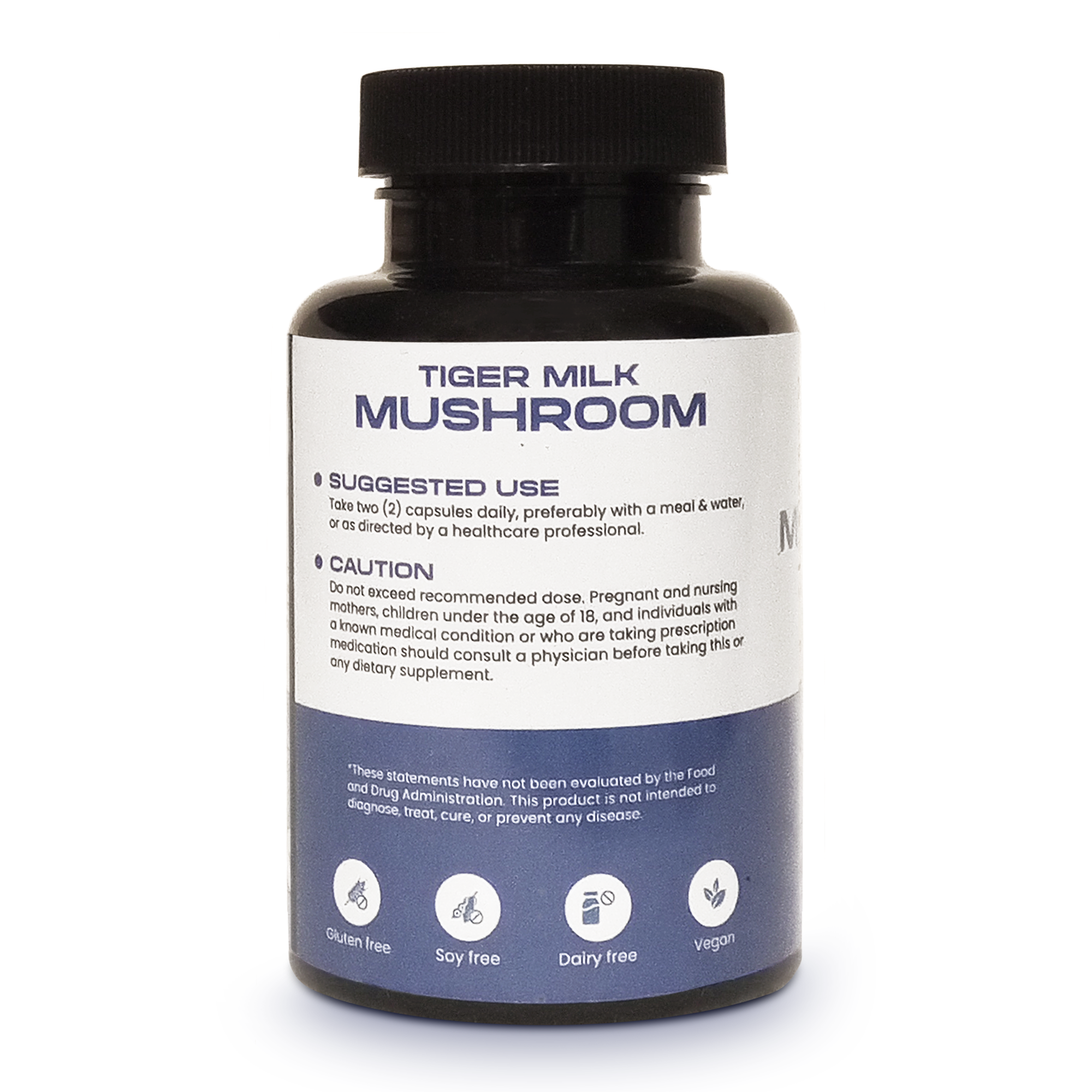 Nutrition label of Tiger Milk Mushroom 300mg capsules showing ingredients and supplement facts